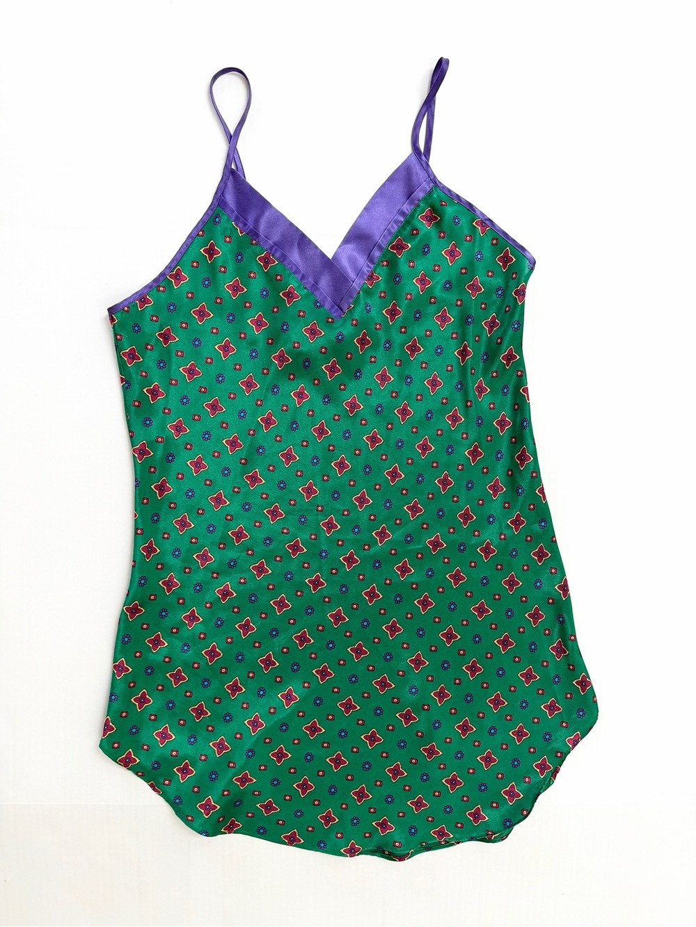 Purple-Trim Green Printed Slip Mini Dress
